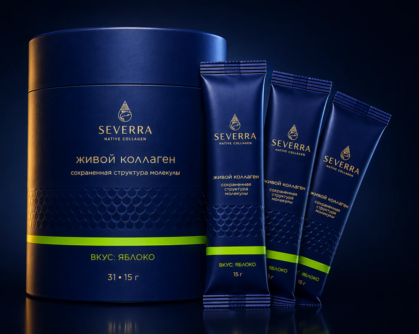 SEVERRA - тубус и стик, живой коллаген, вкус яблоко, 31×15 г